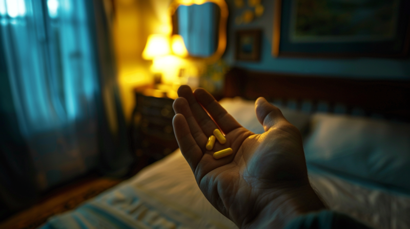 A Person Holding Vitamin C Supplements in The Bedroom