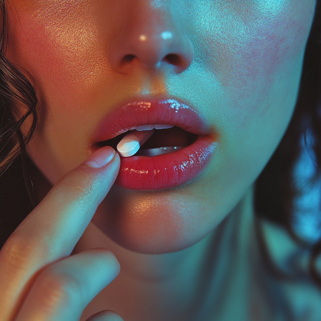 Close-up of a person placing a white pill into their mouth with a finger