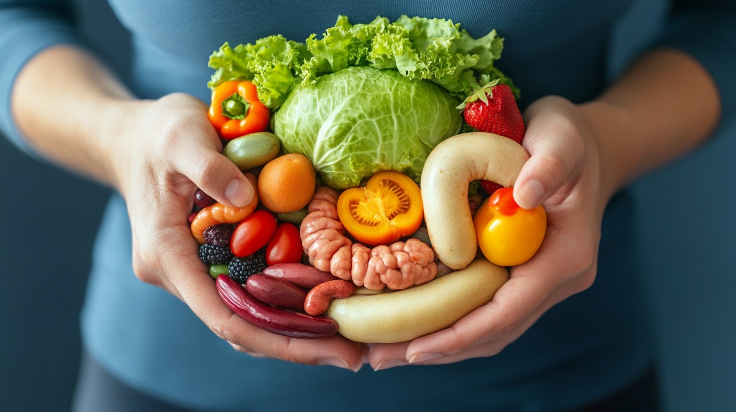 Hands holding a vibrant assortment of fruits and vegetables arranged to resemble a human digestive system