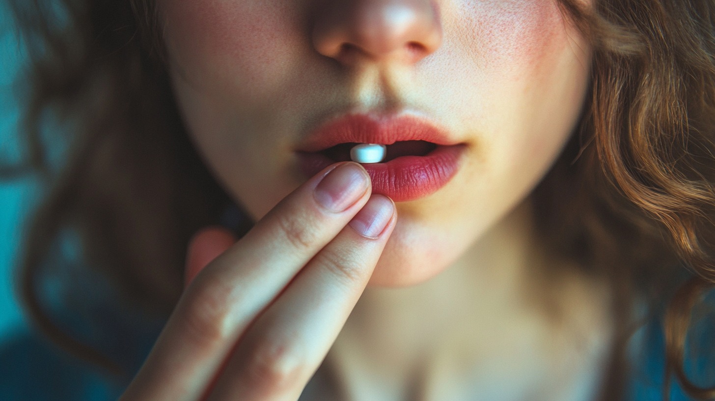 young person placing an iron supplement tablet in their mouth