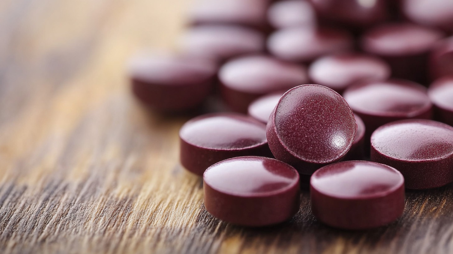 Close-up of round purple iron bisglycinate tablets on a wooden surface