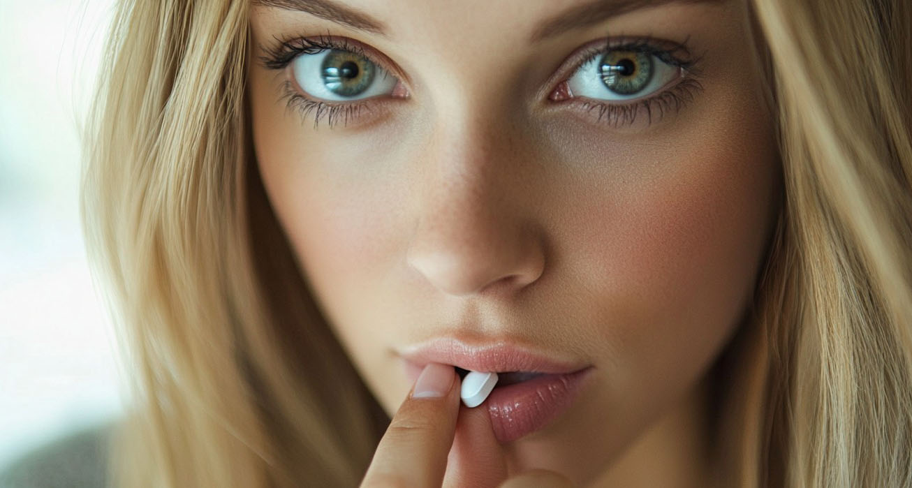 young woman with blonde hair placing an iron supplement into her mouth