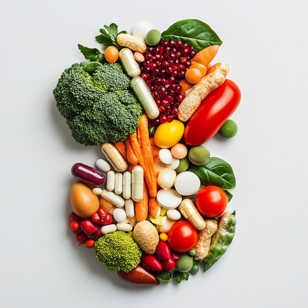 vibrant display of fruits, vegetables, and supplements