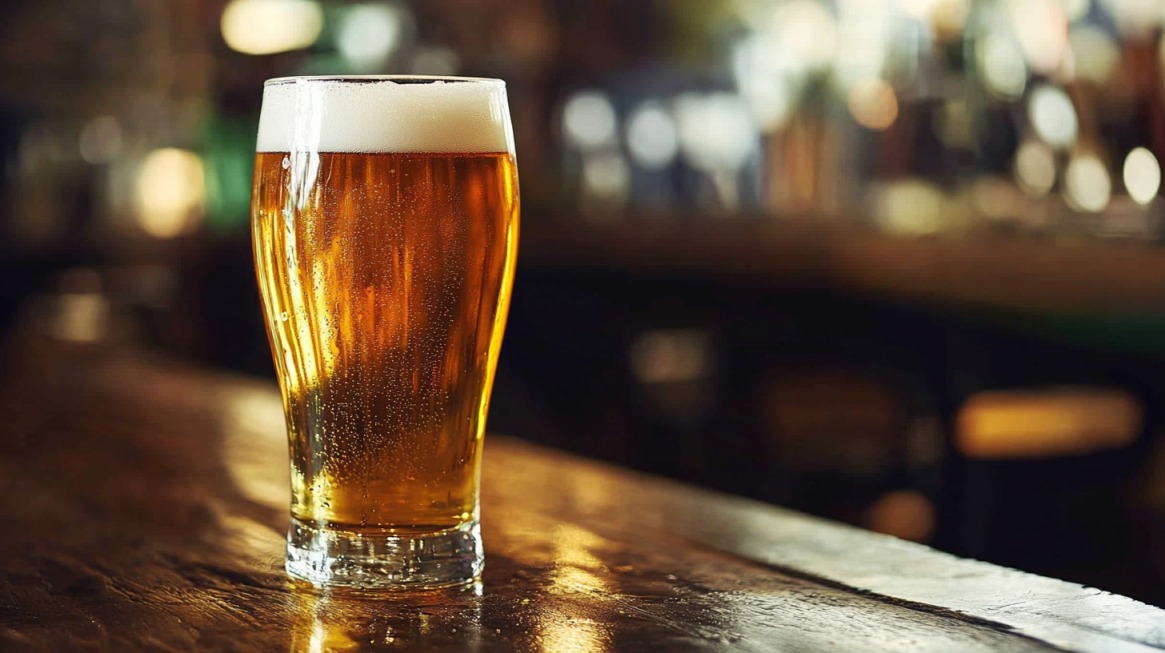 A glass of frothy golden beer sitting on a wooden bar counter, with a blurred pub background