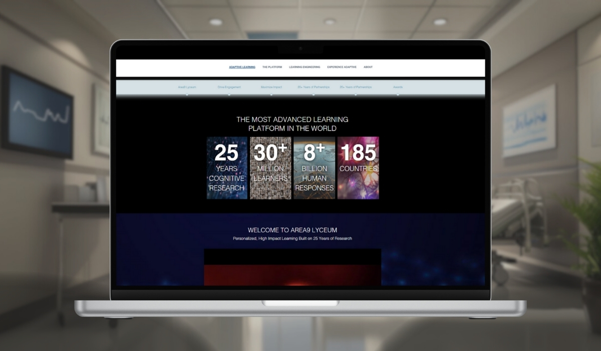 A laptop displaying the Area9 Lyceum learning platform, highlighting its impact with 30+ million learners, 8+ billion human responses, and reach across 185 countries