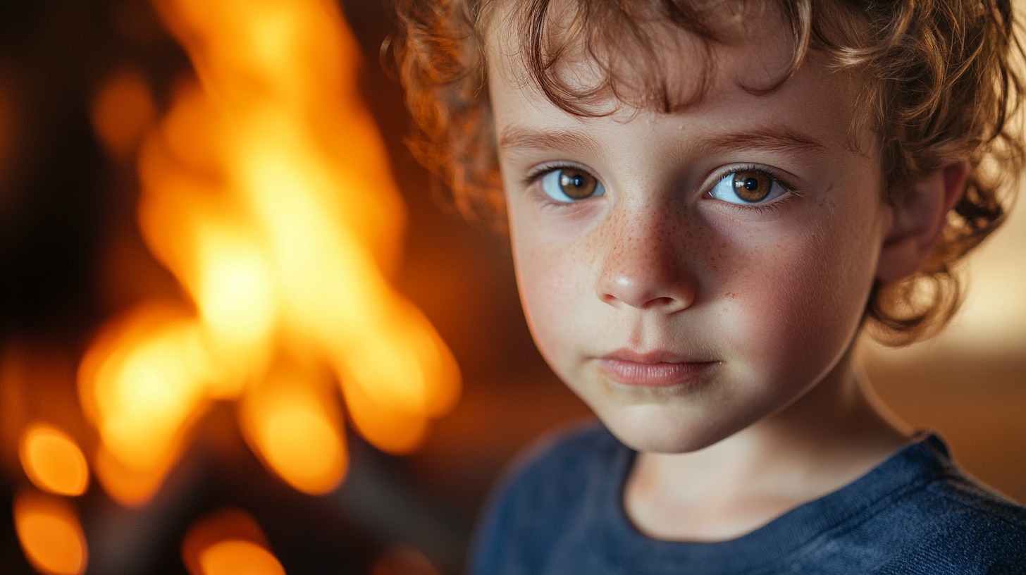 Close-up of a young child with curly hair and freckles, standing near a fire with warm orange flames in the background