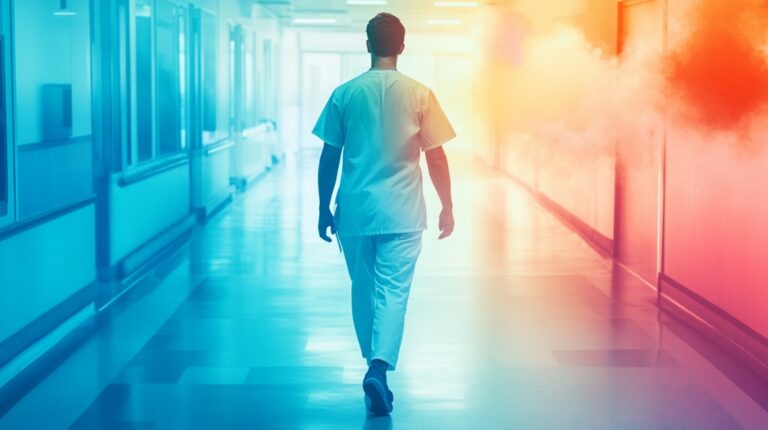 A healthcare worker in scrubs walking down a hospital hallway, surrounded by contrasting blue and orange lighting, symbolizing stress and resilience