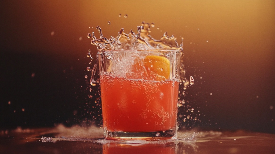 A glass of vibrant orange-red citrus drink splashing as an orange slice drops in, with bubbles rising against a warm-toned background