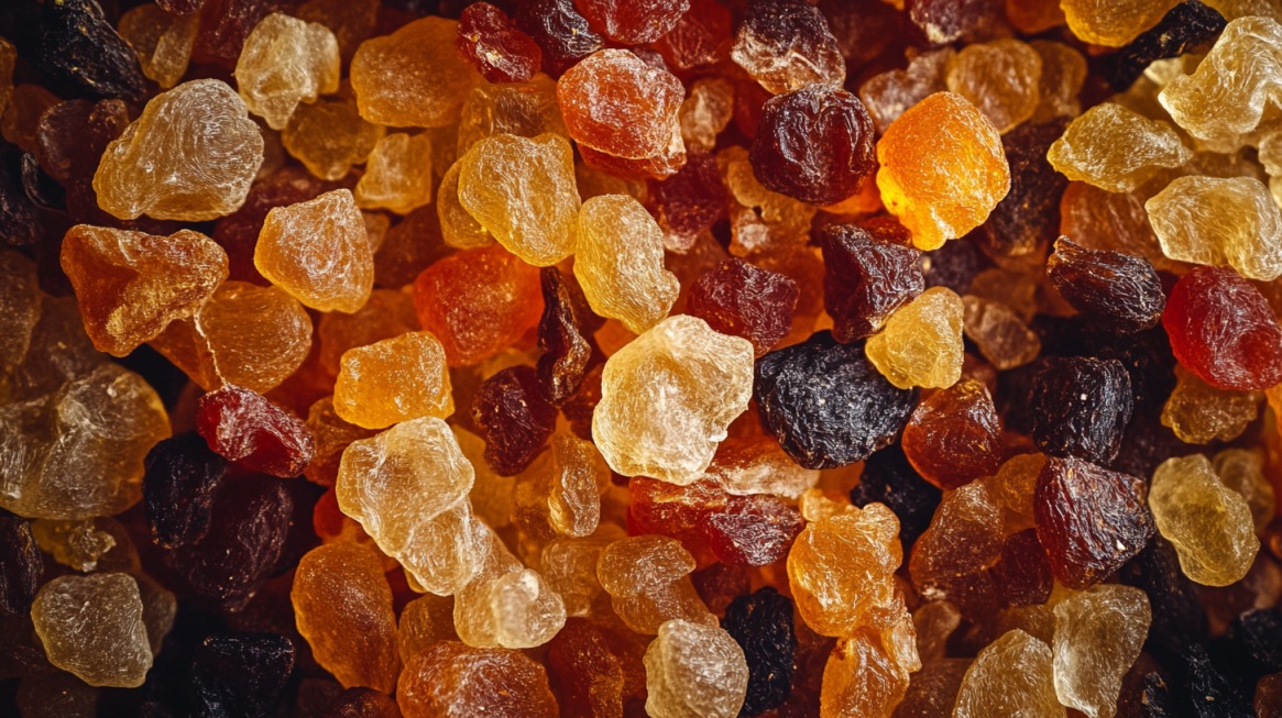 A close-up of various dried fruit pieces in shades of amber, brown, and black with a crystalline texture