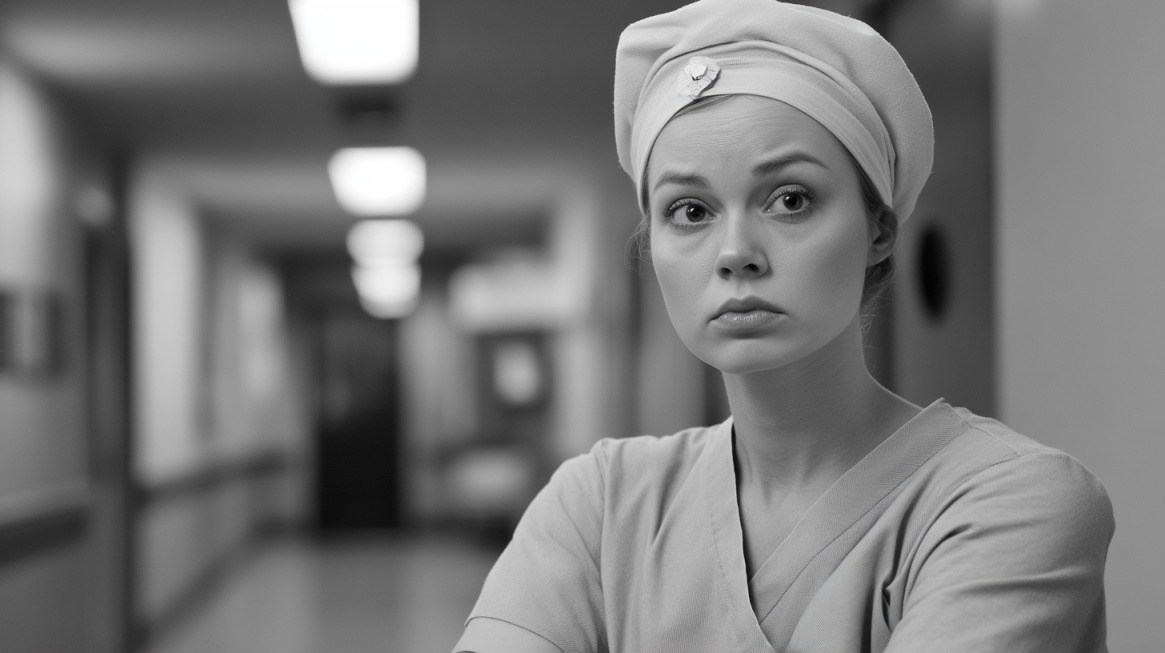 A black and white image of a nurse in a traditional uniform and cap, standing in a hospital hallway with a serious and contemplative expression