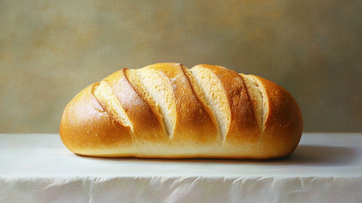 A loaf of golden brown bread with a crisp crust and soft texture, placed on a white cloth-covered table against a neutral background