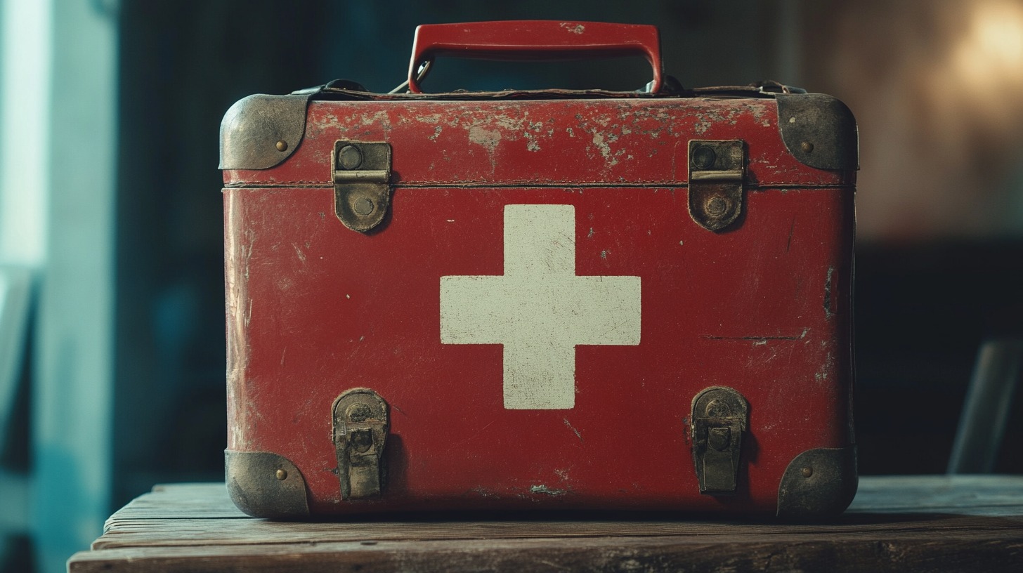 An old red metal first aid kit with a white cross symbol, placed on a wooden table in a dimly lit room