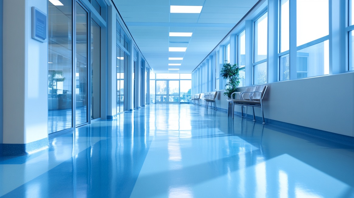 A bright and modern hospital hallway with large windows, blue reflective flooring, empty chairs, and potted plants along the walls