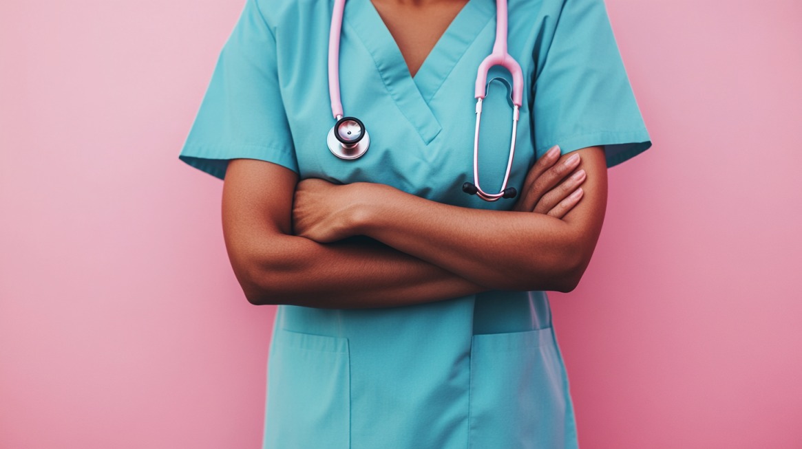 A healthcare professional wearing teal scrubs with a pink stethoscope around their neck, standing confidently with arms crossed against a pink background