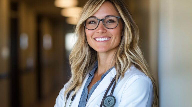 A smiling female doctor with glasses and a stethoscope around her neck, standing confidently in a hospital hallway