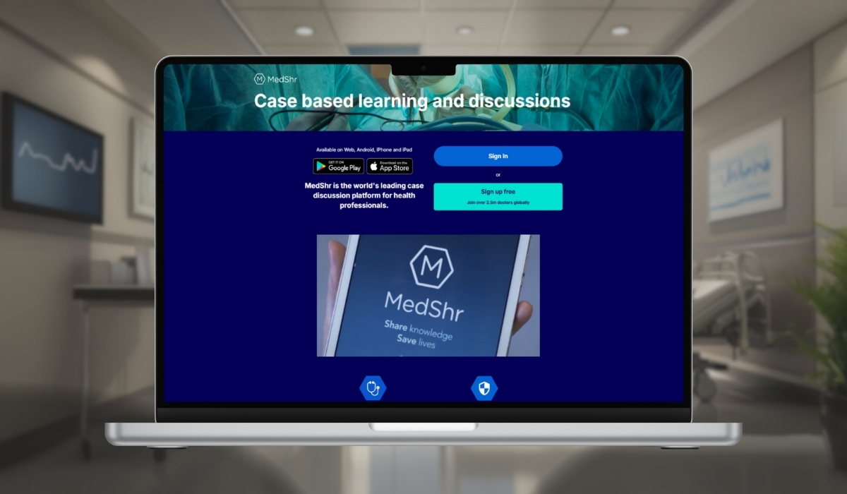 A laptop displaying the MedShr platform, a case-based learning and discussion network for healthcare professionals