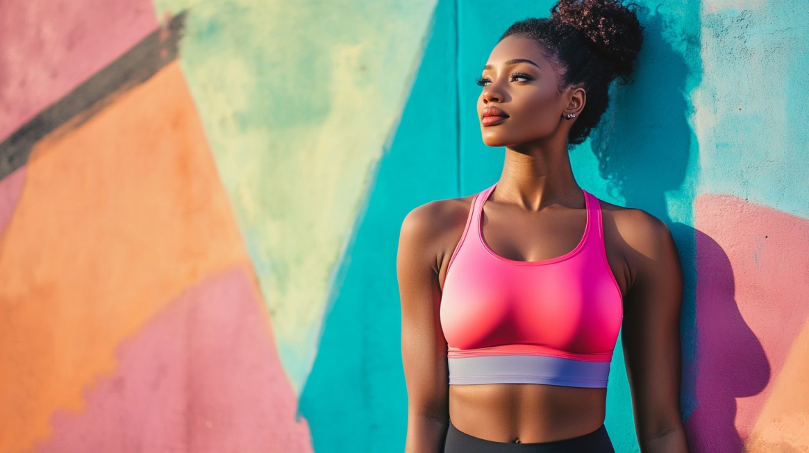 A fit woman in a vibrant pink sports bra and black leggings leans against a colorful graffiti wall, looking off into the distance with confidence