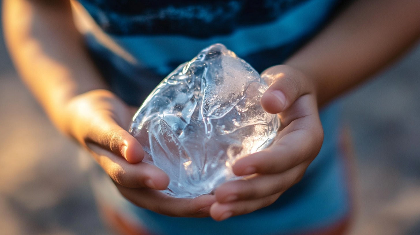 A child holding a large, irregularly shaped piece of ice with both hands, with sunlight reflecting through it