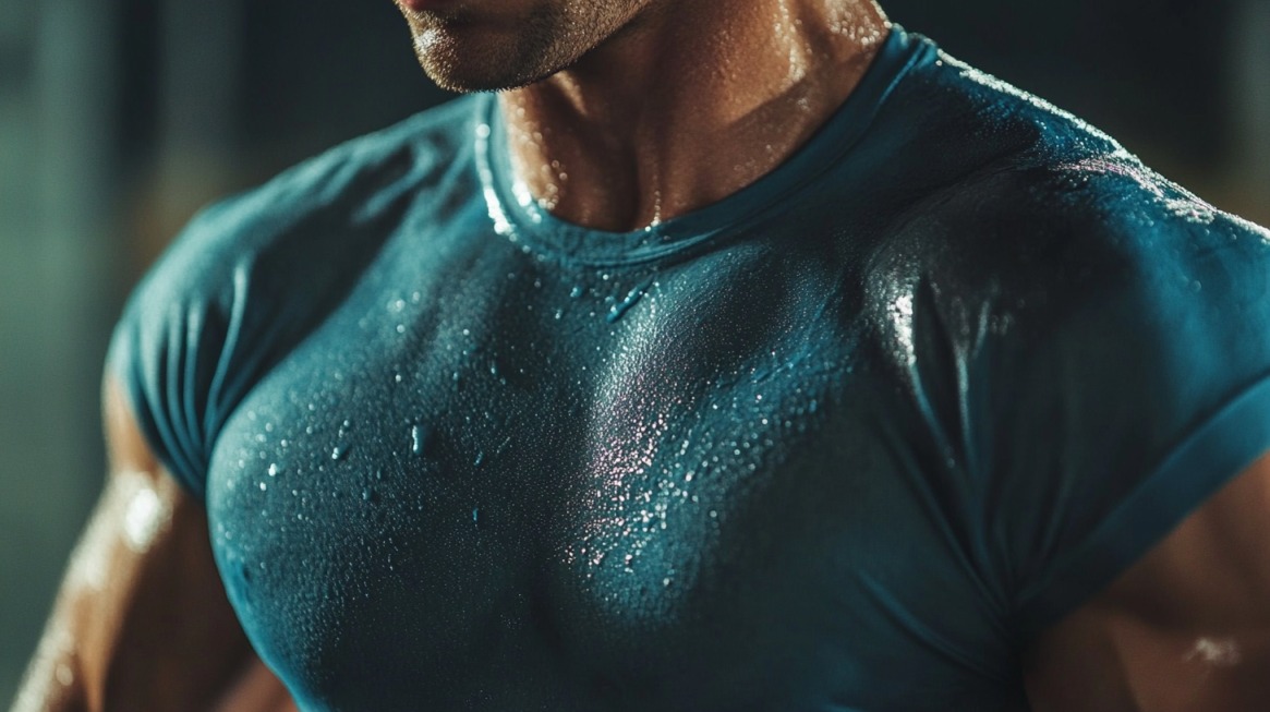 A close-up of a muscular man wearing a tight-fitting blue athletic shirt, drenched in sweat, highlighting his toned physique