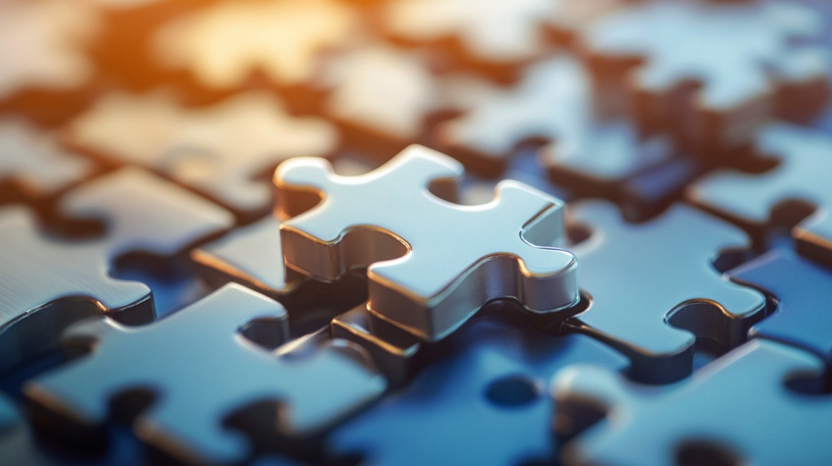 Close-up of a metallic puzzle piece being placed into a nearly completed puzzle, illuminated by warm lighting