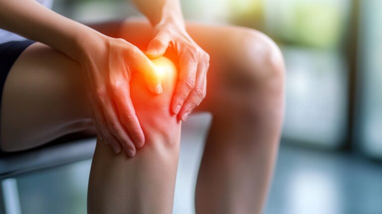 Person holding their knee with visible pain and inflammation, highlighted by a glowing red area