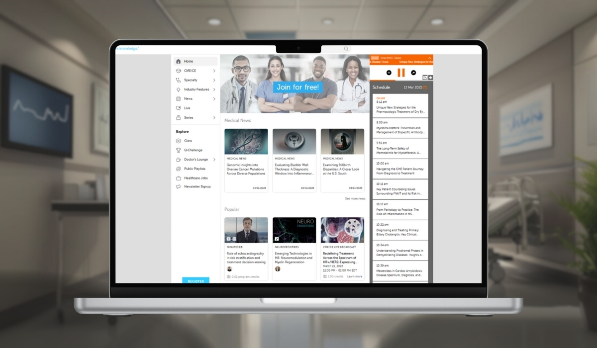 A laptop screen displaying the ReachMD platform, which provides medical news, case discussions, and continuing education for healthcare professionals