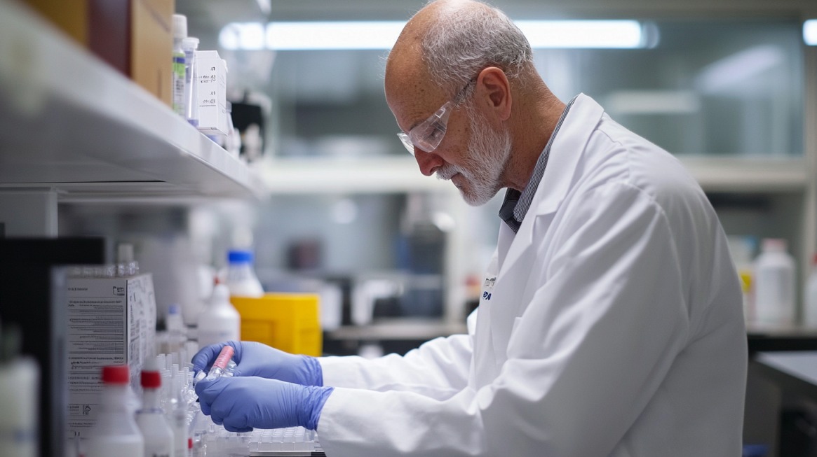 Elderly scientist in a laboratory wearing a white coat, safety glasses, and gloves, carefully handling test tubes with medical research equipment around