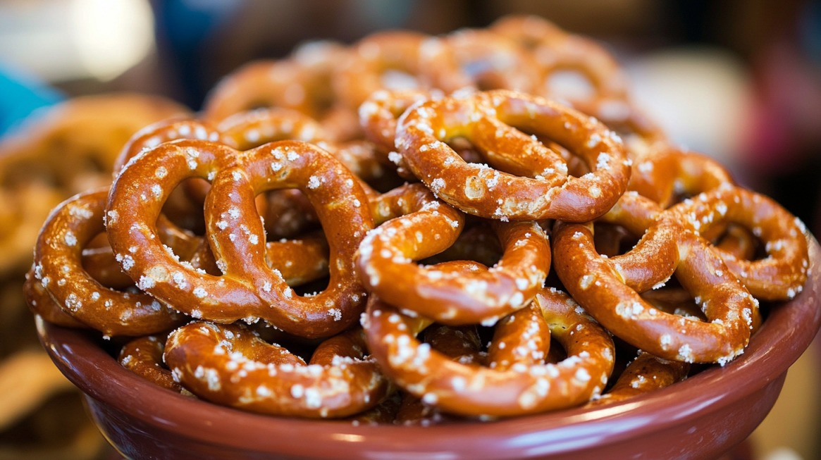 A bowl filled with golden-brown, salted pretzels, glistening under warm lighting