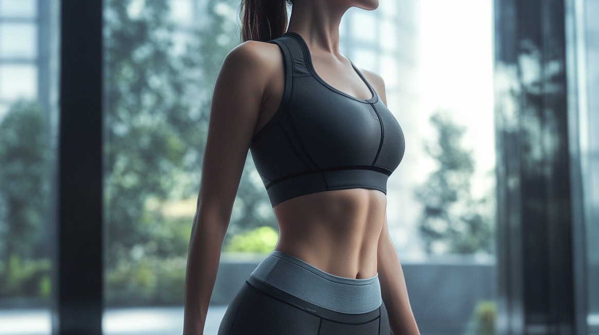 A fit woman in a sleek black sports bra and leggings, standing confidently in a modern gym with large windows and greenery outside