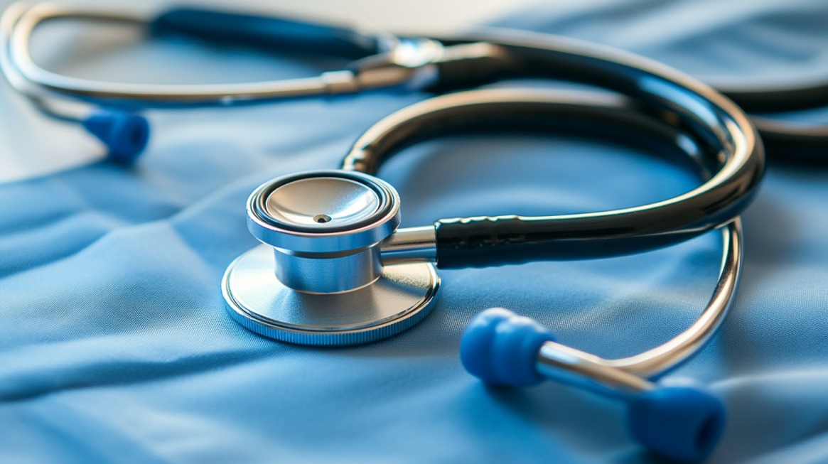 A close-up of a stethoscope resting on blue medical scrubs, representing healthcare and the medical profession