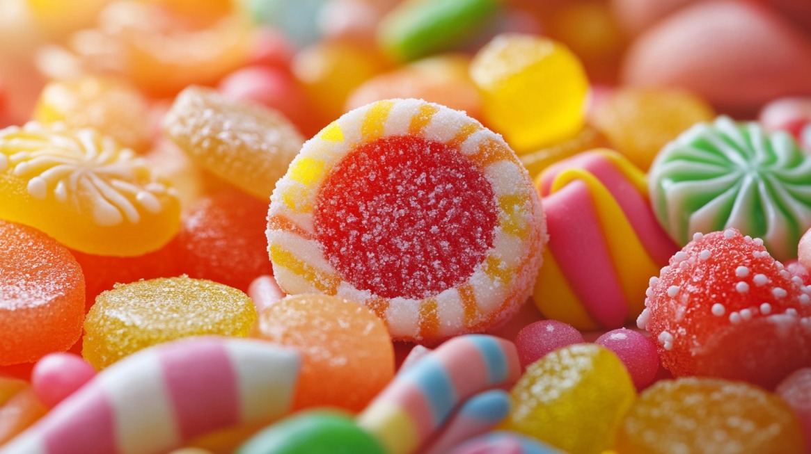 A close-up of various brightly colored, sugar-coated candies in different shapes and textures