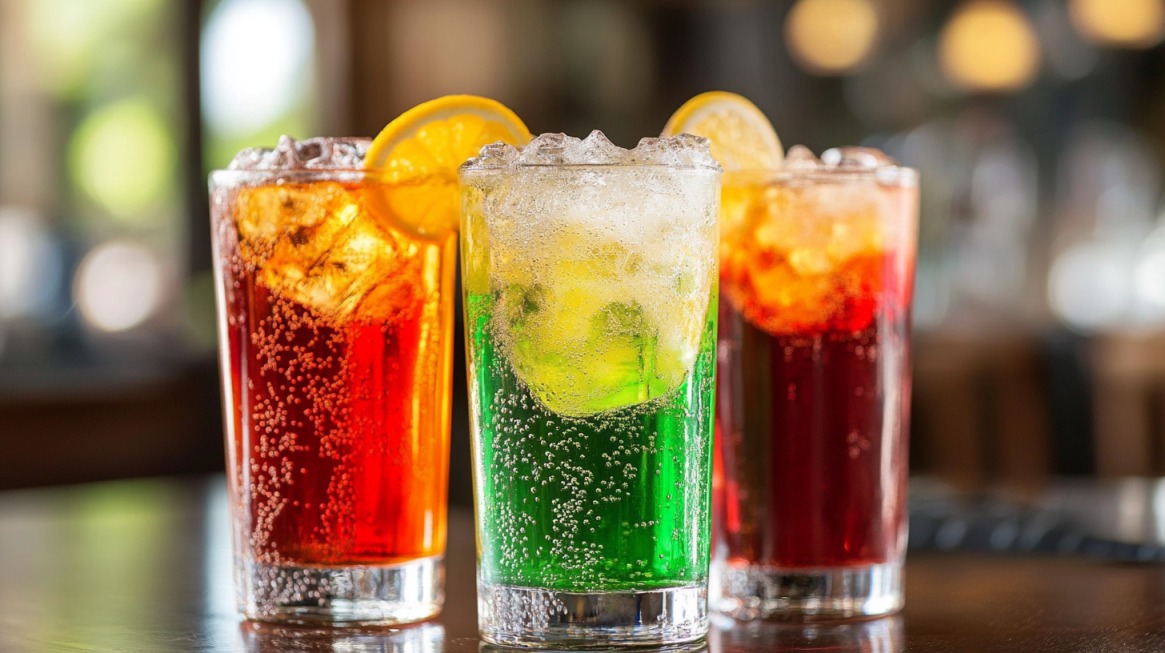 Three tall glasses filled with vibrant red, green, and orange fizzy drinks, garnished with lemon slices and ice cubes, sitting on a bar counter