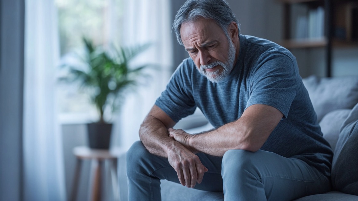 Elderly man sitting on a couch, holding his arm with a pained expression, indicating joint or muscle discomfort