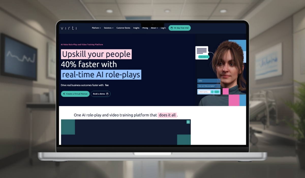 A laptop displaying the Virti AI training platform, featuring a virtual human for real-time AI role-plays in a professional setting