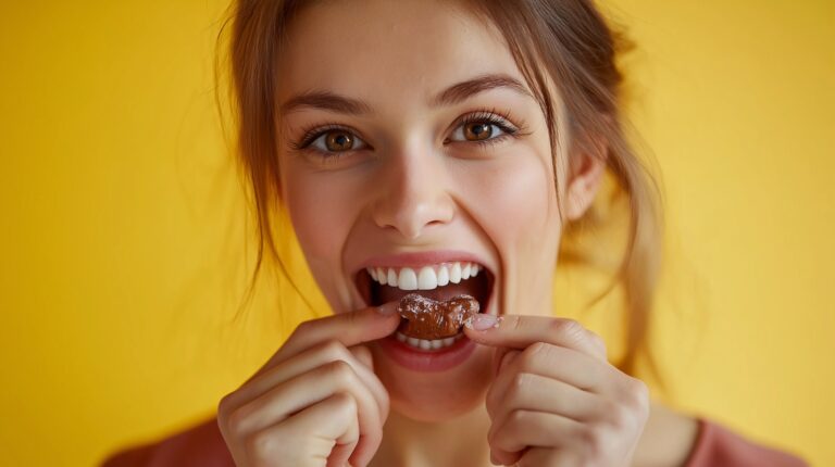 A young woman with bright eyes and a big smile biting into a sticky, sugary candy against a vibrant yellow background