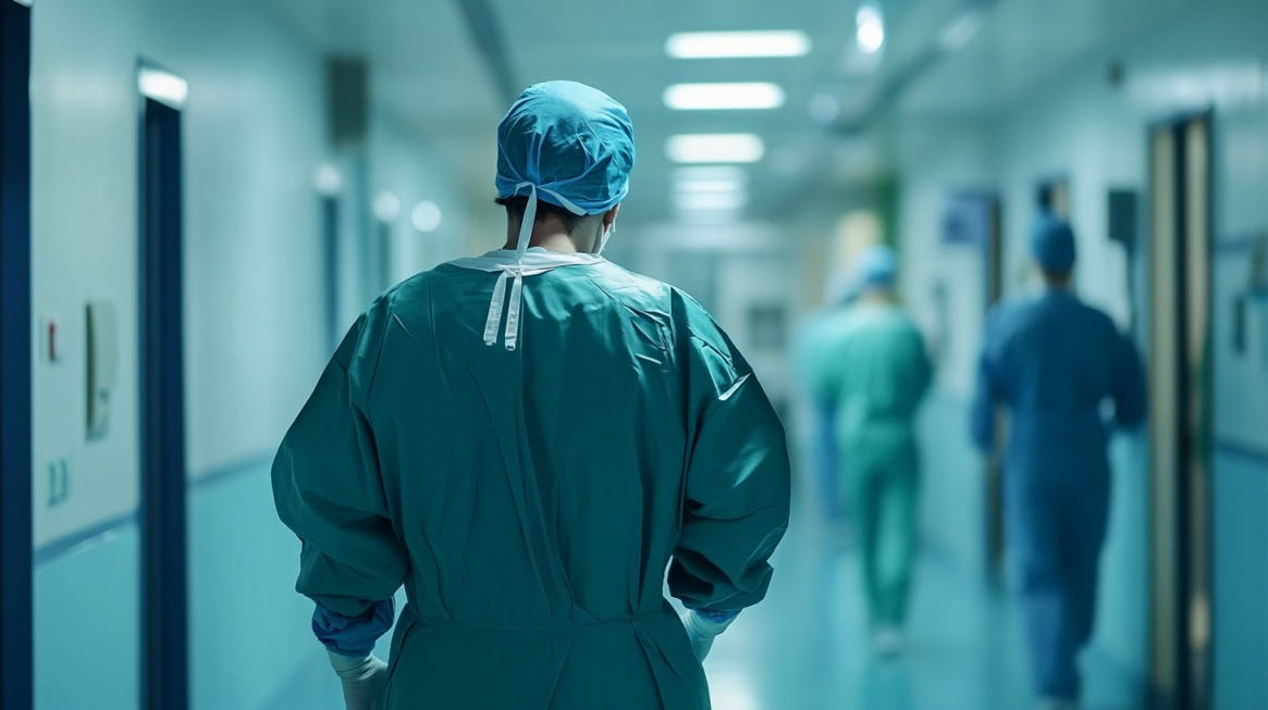 A healthcare worker in green scrubs walking down a hospital hallway, seen from behind, with other medical professionals in the background